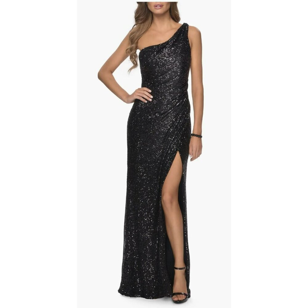 La Femme Long Sequin One Shoulder Ruched Prom Dress Size 8 NWT